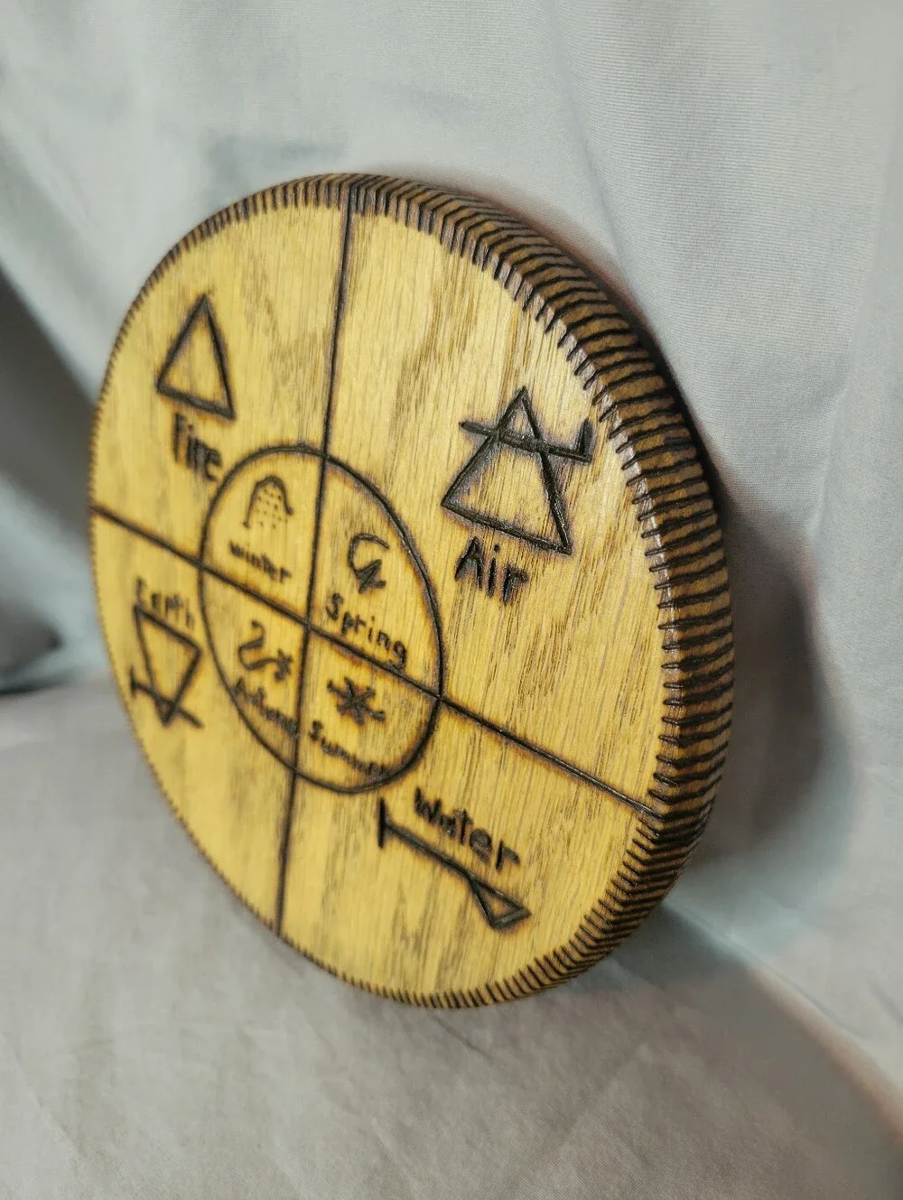 Hand Crafted Natural Wood Element & Seasons Symbol Wood Burned Wall Art